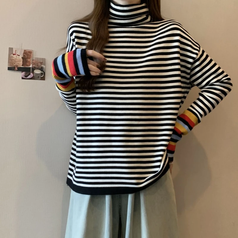 Simplicity Autumn Winter Women Turtleneck Striped Rainbow Sleeves Korean Fashion Plus Velvet Warm Loose Pullovers T-Shirts Topss