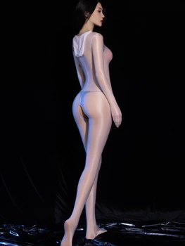 여성용 플러스 사이즈 점프 슈트 쉬어 샤이니 글로시 얇은 풀 바디 스타킹 실키 나일론 탄력성 패브릭 크로치리스 장갑 마스크