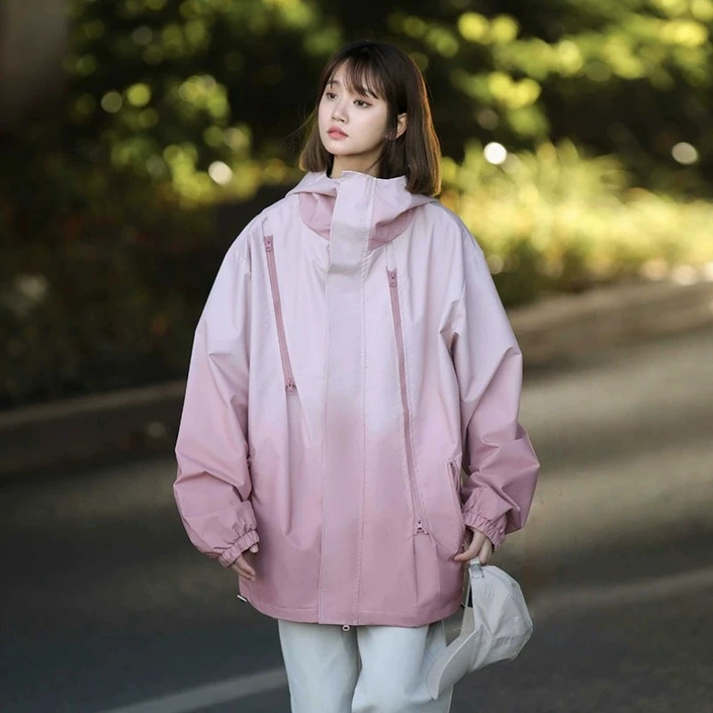 

Gradient Color Windbreaker Jacket Women Spring Autumn Sporty Zipper Up Jackets Woman Casual Hooded Windbreaker Jacket Female