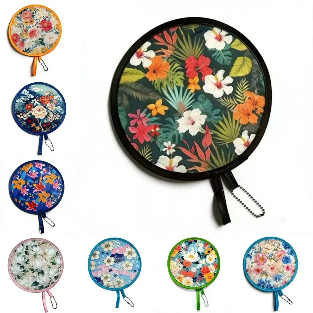 Fashion Summer Handheld Folding Fan Japanese Oil Painting Polyester Round Foldable Fan Travel Mini Folding Fan Men Women
