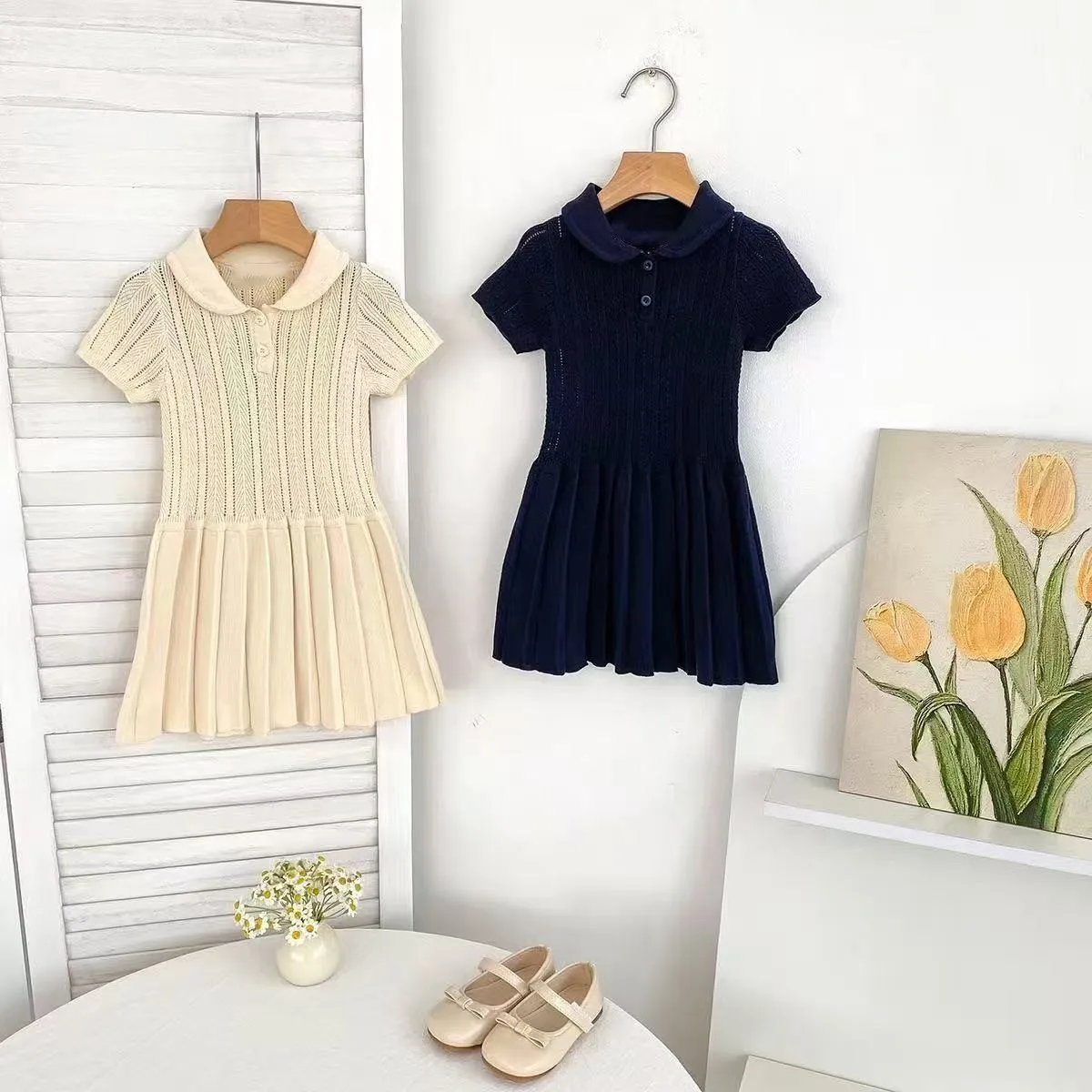 

Spring Summer Baby Girls Preppy Style Lapel Dress Peter Pan Collar Knit Short Sleeve Pleated Dress for 80-120cm