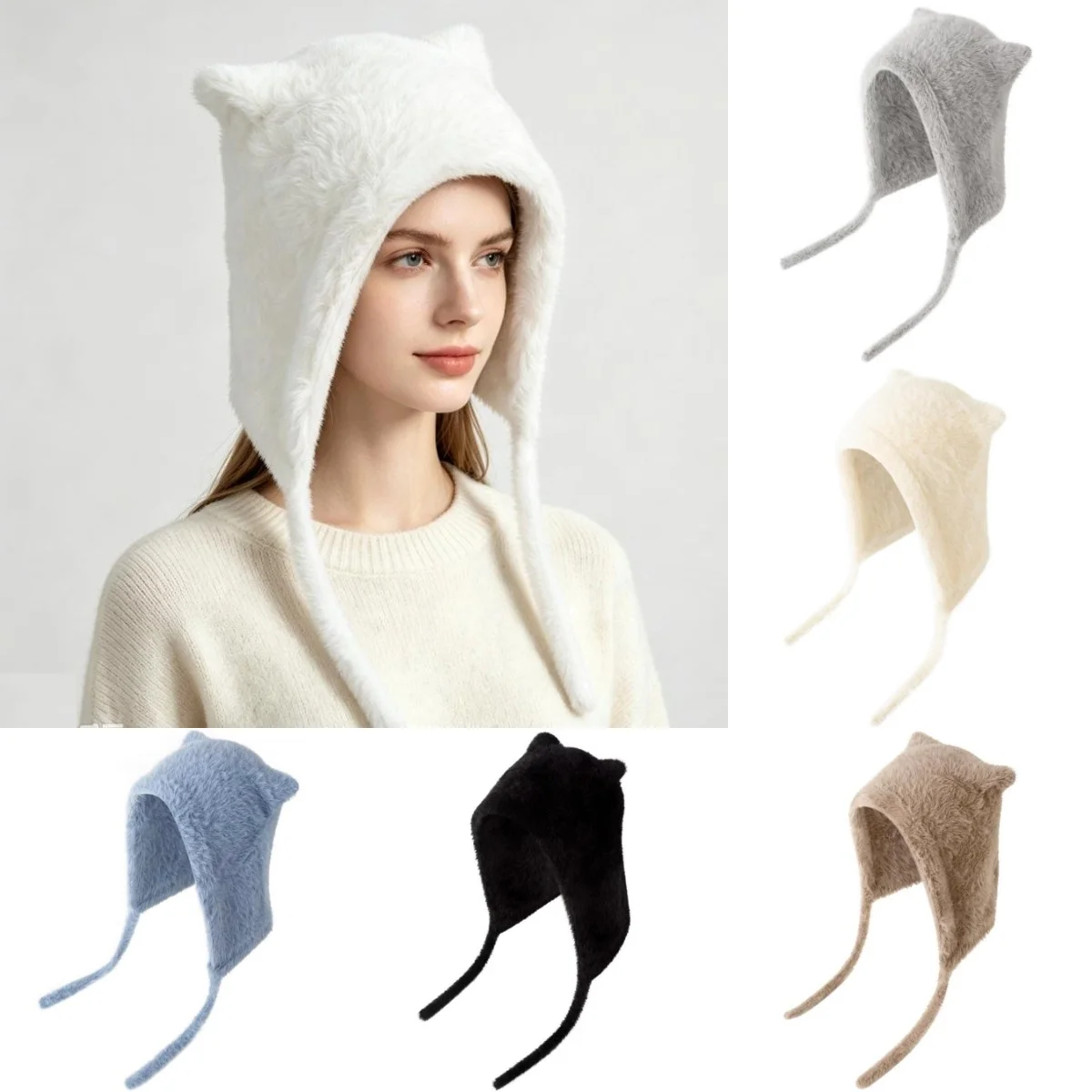 Women's Autumn and Winter Faux Mink Fur Knit Hat Warm Ear Protection Cold-Proof Woolen Hat Cute Cat Ear Ear Protection Hat