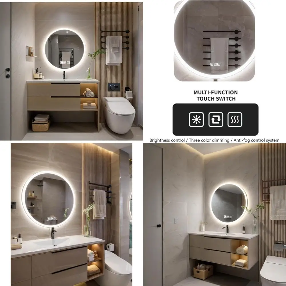 Round 28-inch LED Smart Bathroom Mirror with Circle Lights, Anti-Fog, 3 Colors Dimmable, Front and Backlit, CRI90+