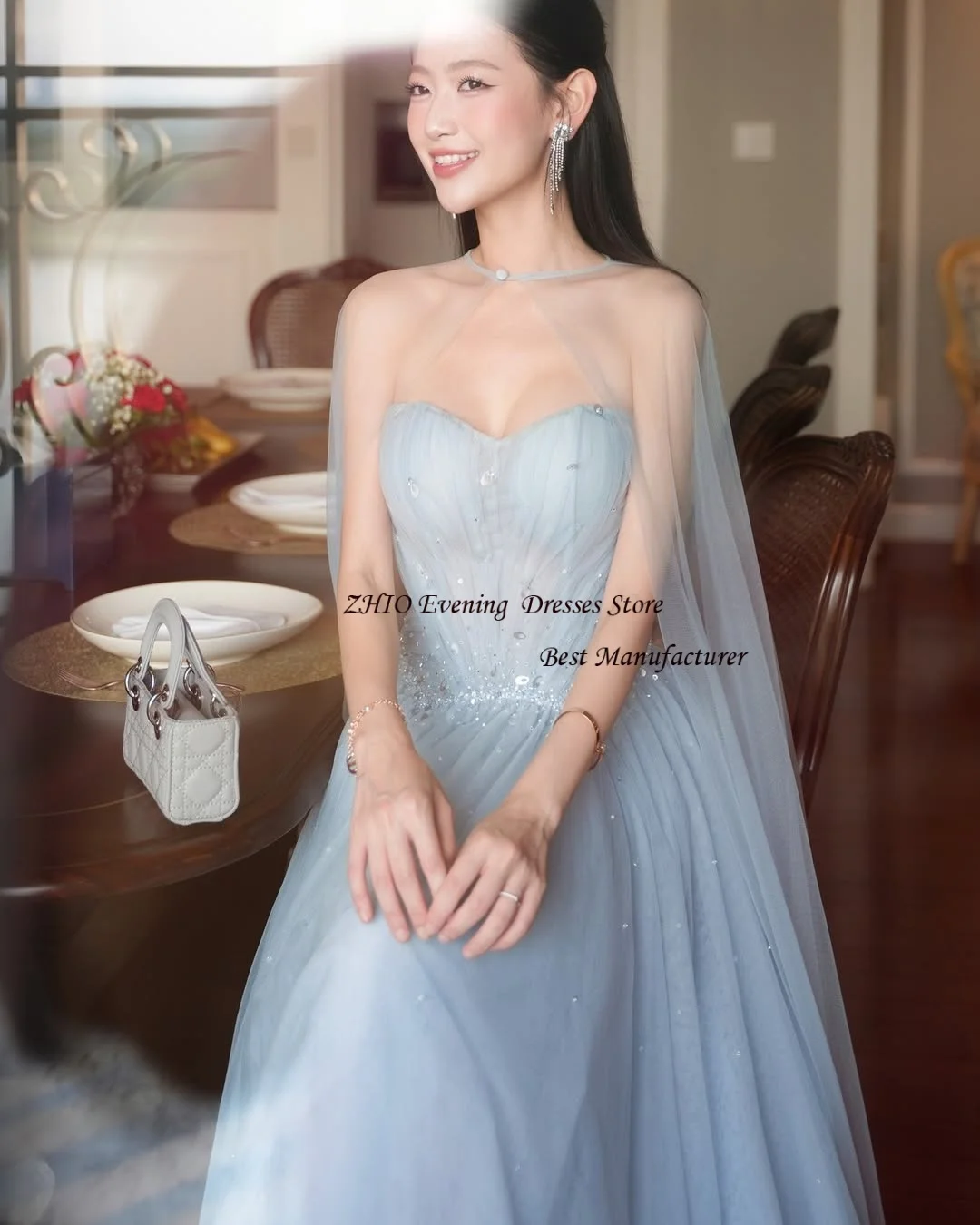 ZHIO أنيقة تول كريستال Dechable شال الوهم فساتين سهرة على شكل قلب طول الأرض مع فساتين حفلات رسمية مطوي