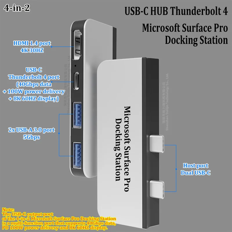 도킹 스테이션 USB-C Thunderbolt 4 허브 40Gbps 데이터 100W 충전 8K 60HZ 디스플레이 Microsoft Surface pro9 Surface pro8 및 Surface proX용 액세서리