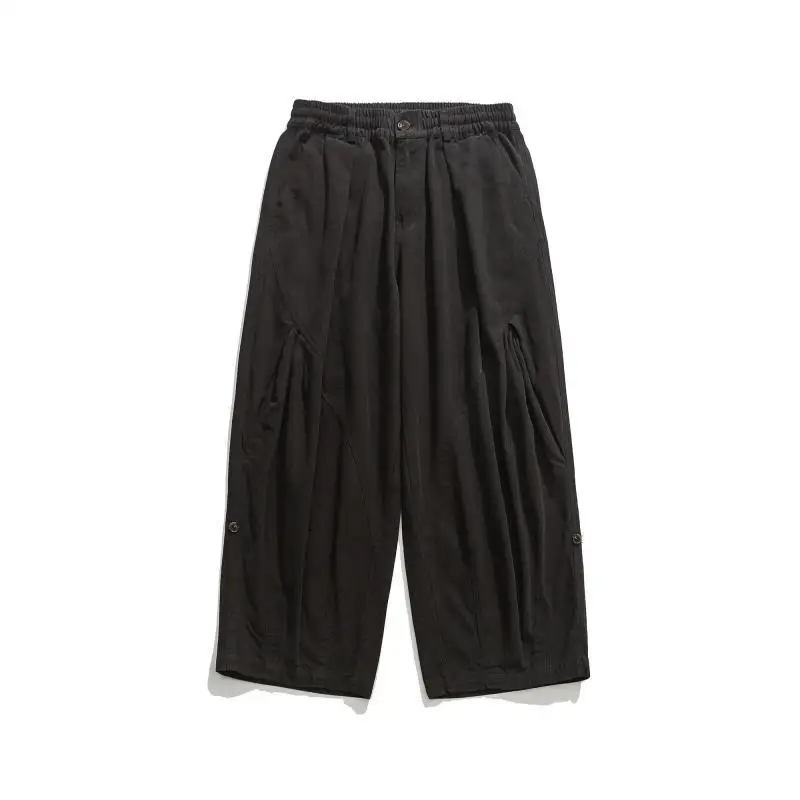 남성용 신축성 허리 와이드 레그 바지, 빈티지 단색 포켓, 단추 패치워크, 편안한 바지, 용수철 가을 신상 패션