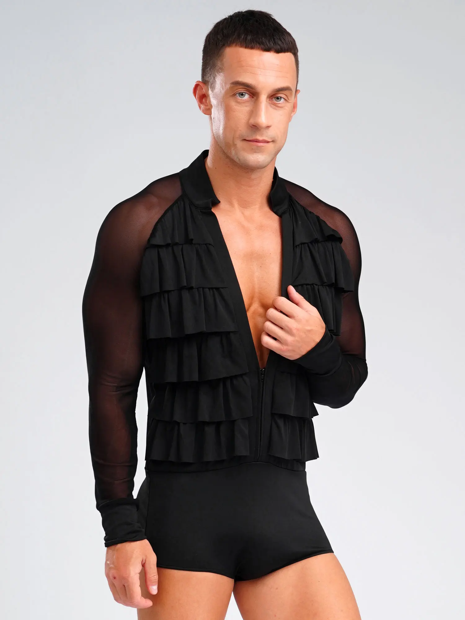 Hommes Latin Samba Salsa Tango danse moderne justaucorps chemises avec maille transparente col en V profond Jazz Rumba salle de bal body combinaison