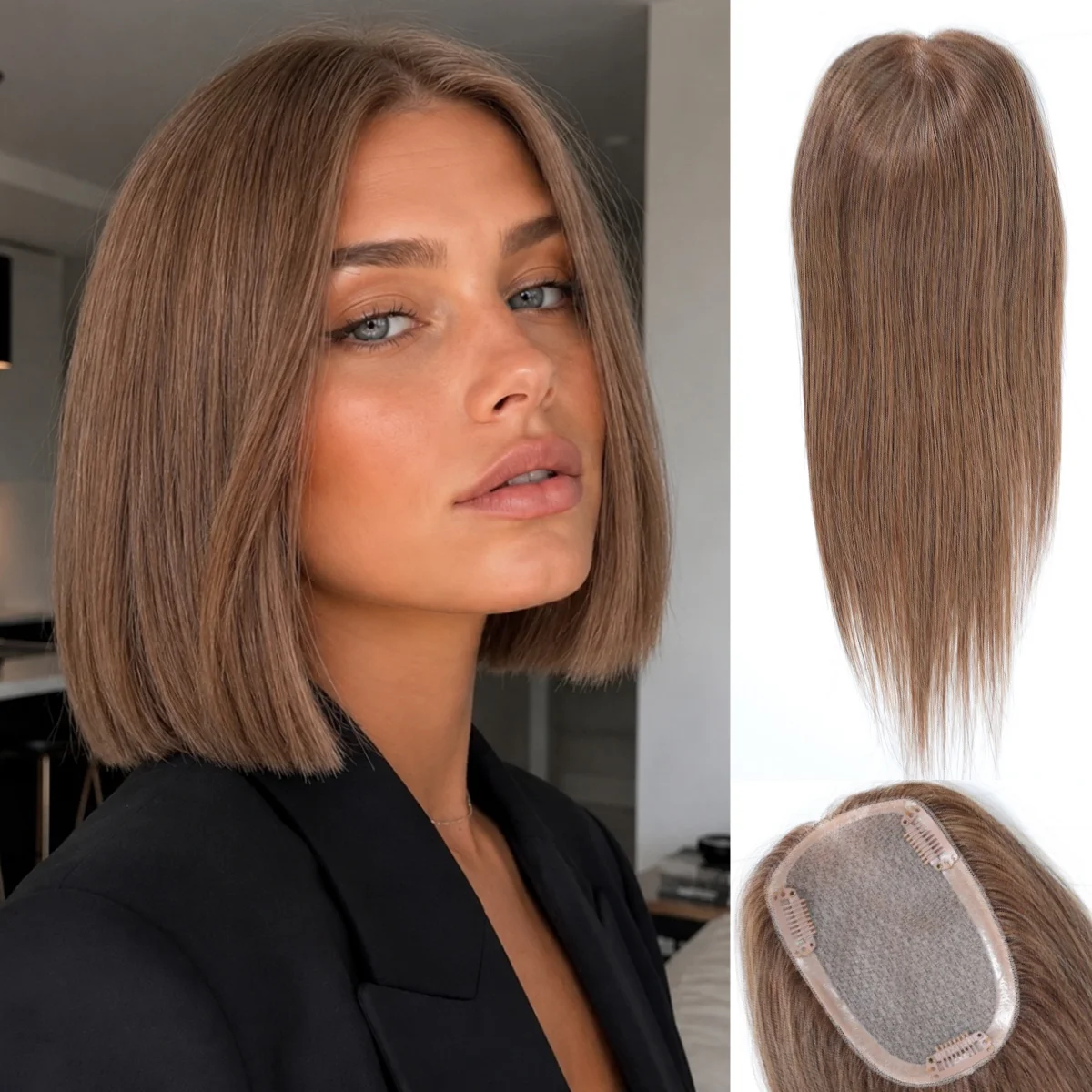 100% Remy Human Hair Topper 8x12 CM Mono Base 10 Inch Straight Brown Middle Part Hairpiece for Women Thinning Hair Natural Look