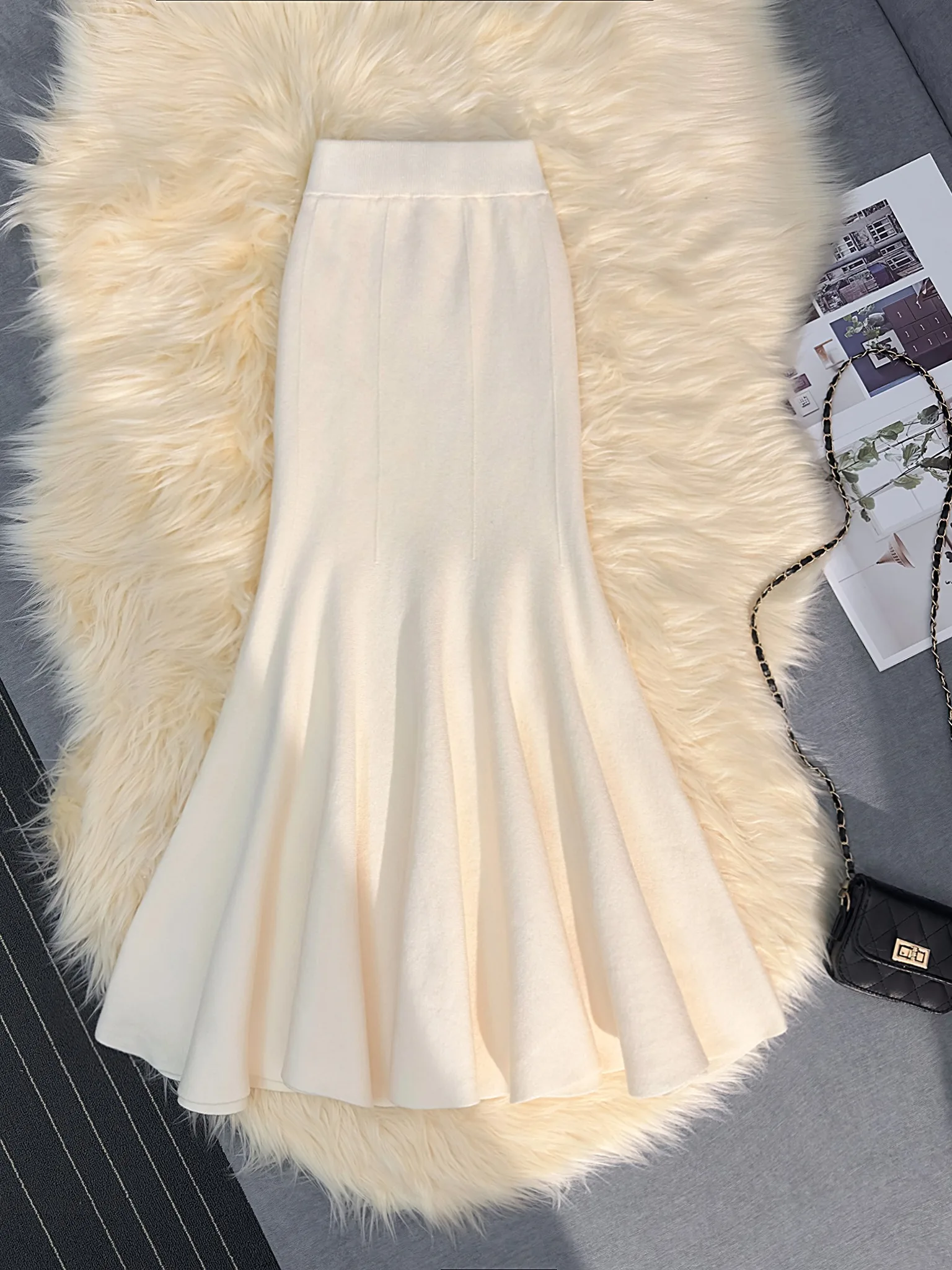 Olive een Camere Dzianinowa Spódnica Damska Jesień Zima Piękna Spódnica w Kształcie Litery A Dopasowana Spódnica z Trenem Słodka Elegancka Spódnica z Wysokim Stanem...