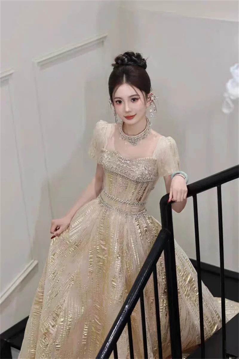 

Легкое роскошное длинное вечернее платье цвета шампанского, золотое блестящее платье для выпускного вечера, элегантное платье без бретелек с высокой талией для вечеринки, дня рождения, знаменитости