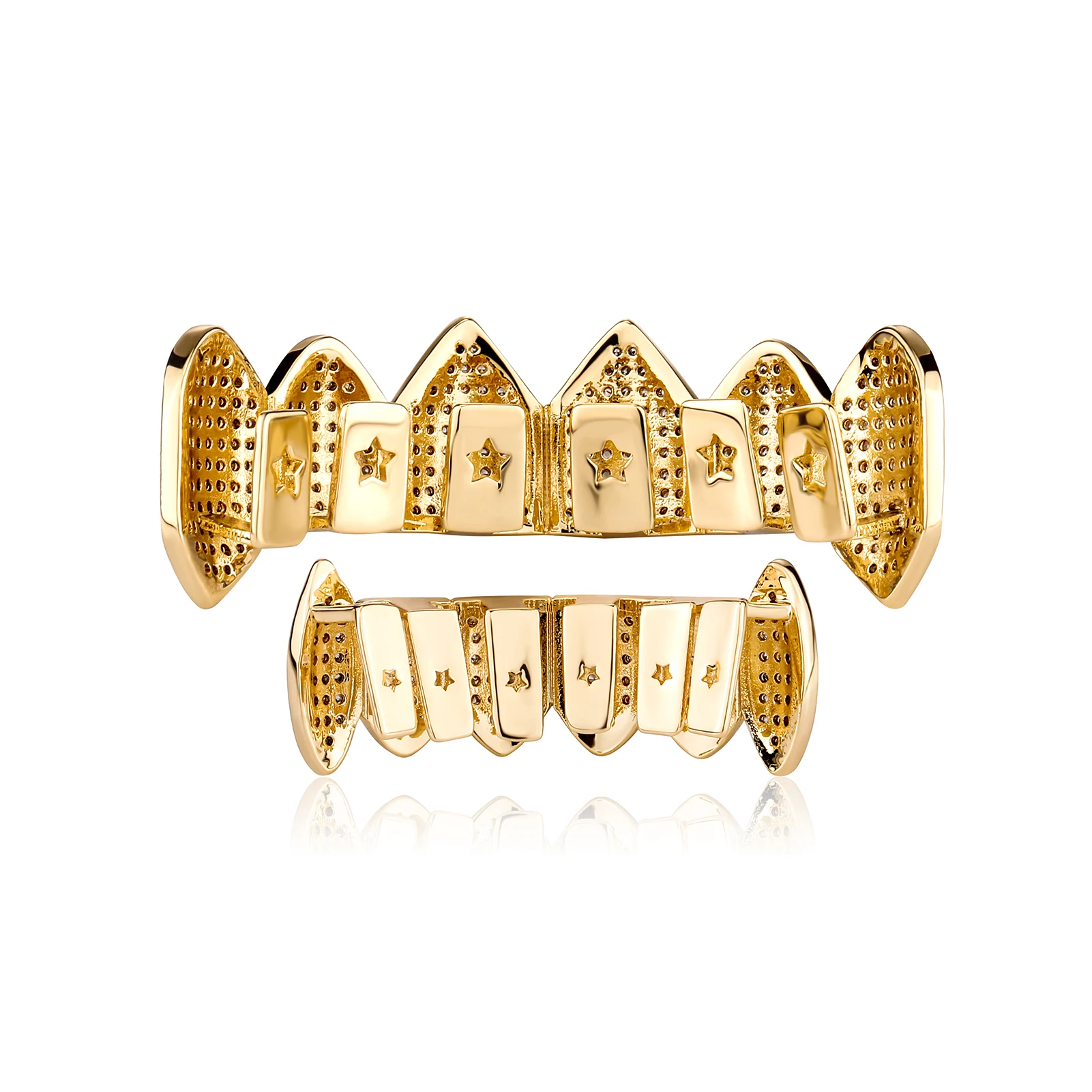 TOPGRILLZ 1Set Fashion Gold Plated Teeth Grillz Hip Hop Iced Out Cool Popular Vampire Gangsta Fang Tooth Cap Cosplay Jewelry