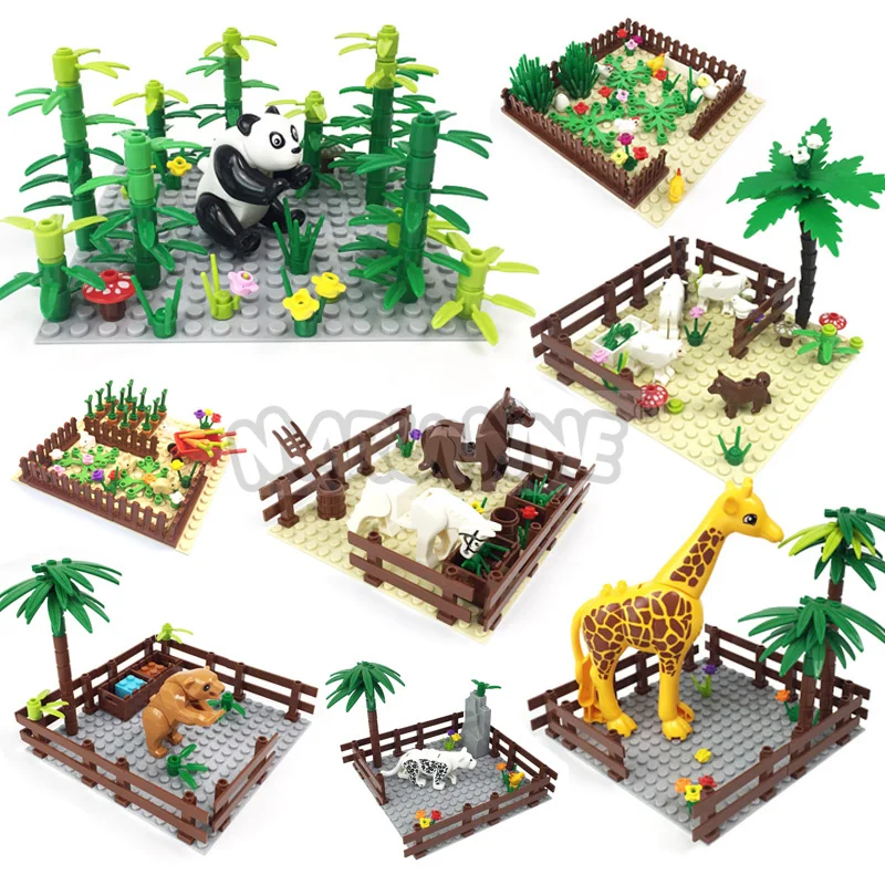 Marumine MOC-bloques de construcción de animales de granja, Kit de modelo con Panda, pollo, vaca, conejo, árboles, juego de construcción de plantas, juguetes para niños
