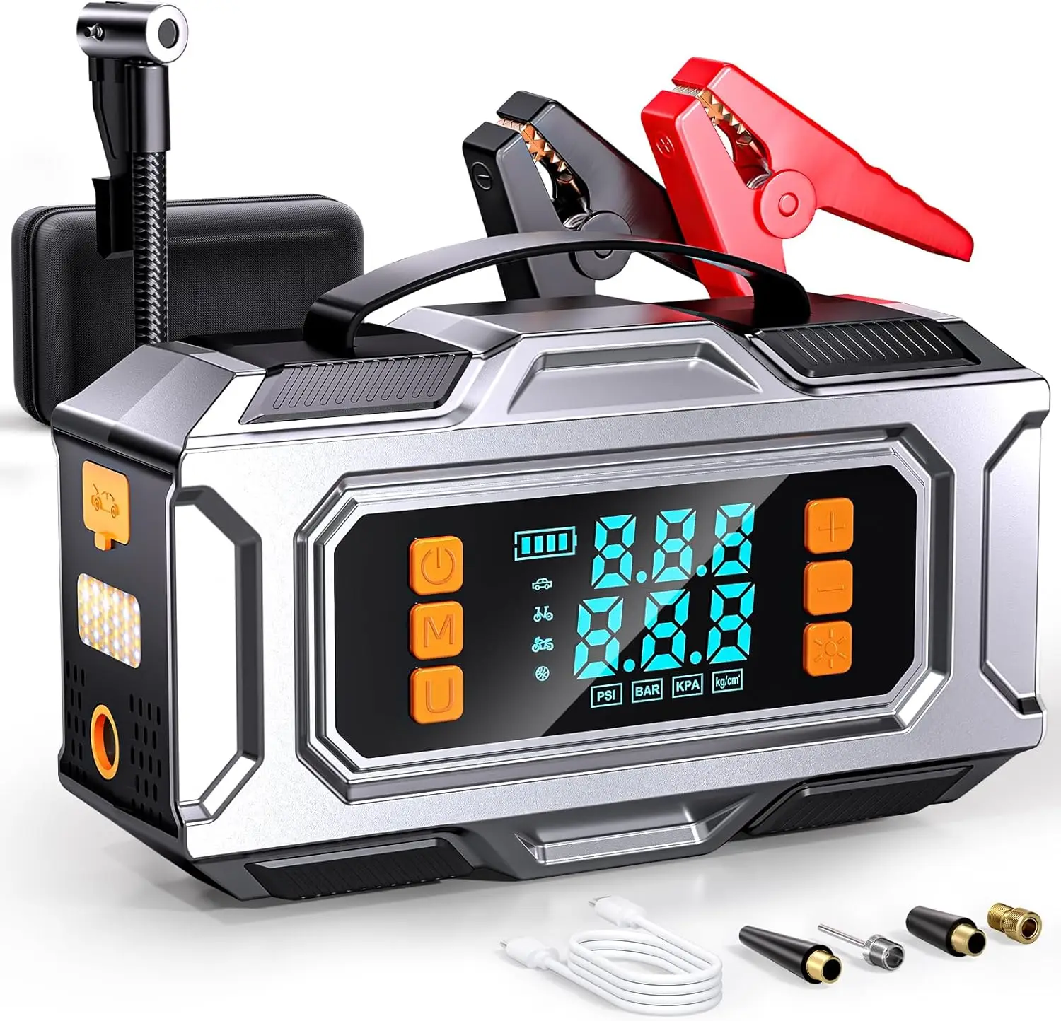 

Портативное пусковое устройство для автомобиля 8000A с воздушным компрессором, 180PSI, для двигателей 9.0L (бензин) / 8.0L (дизель), со светодиодной подсветкой и функцией Power Bank