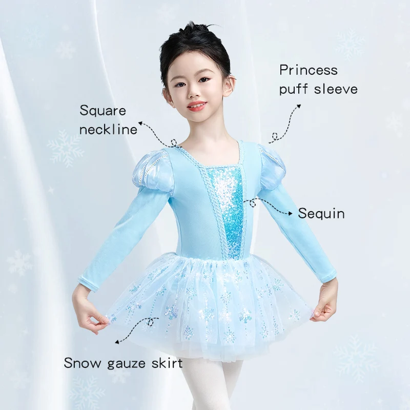 Princess Ballet Dress Girls Ballet Leotard with Tutu Skirt Cute Puffed Sleeve Dance Bodysuit Sequin Ballerina Outfit Performance