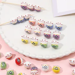 10pcs 13x14MM Lucky Cat Ceramic Beads Colorful Horizontal Hole Loose Jewelry Porcelain Beads for Jewelry Making DIY Bracelet