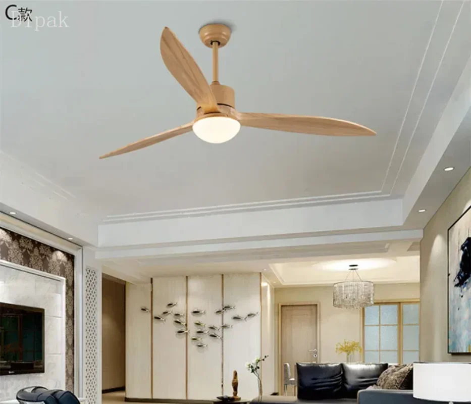 Fan Light 52/64 inch Large Ceiling Fan with Light No Light Solid Wood Blade Remote Control Reversible Motor LED 3 Color Bedroom