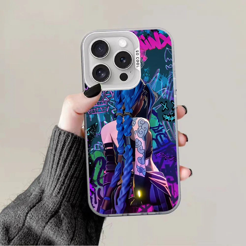 حافظة هاتف Jinx Arcane لهاتف آيفون 16 15 14 13 12 11 Pro Max Plus غطاء خلفي فضي مقاوم للصدمات
