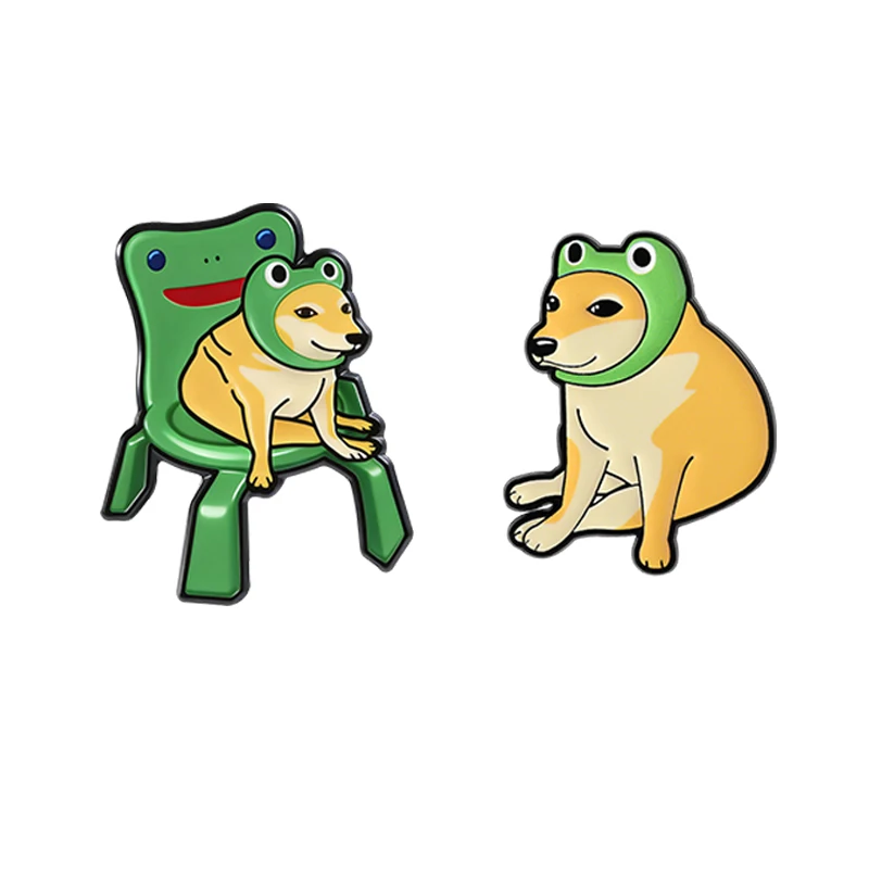 Divertidos broches de esmalte de cosplay de meme de perro rana, con diseño de Shiba Inu, humor de dibujos animados, disfraz de rana y silla, insignia de solapa, joyería, regalo para amigos