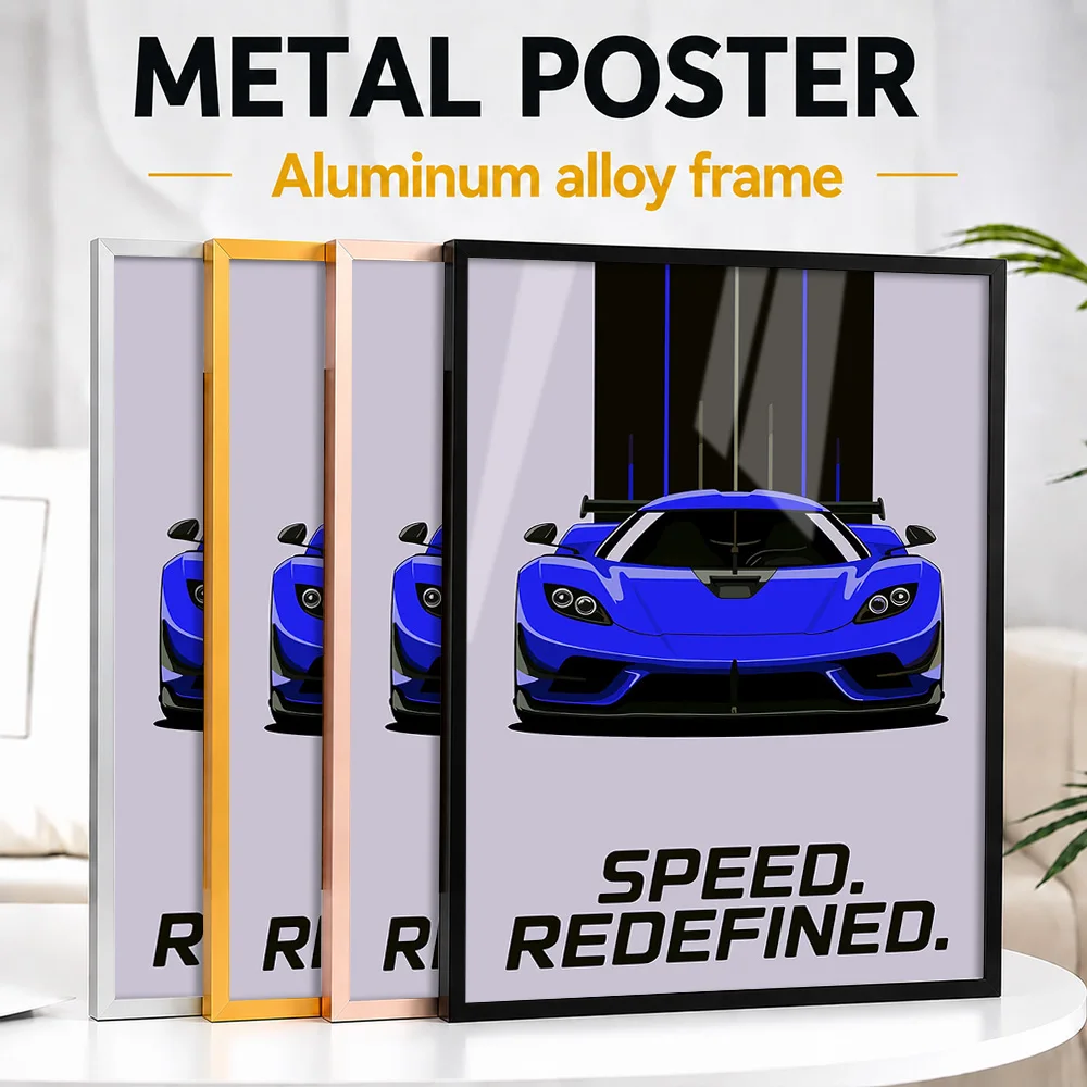 Blue Car Framed Aluminum Metal Poster Customized Photo Neon Street Style Wall Art For Collector Room Special Housewarming Gift
