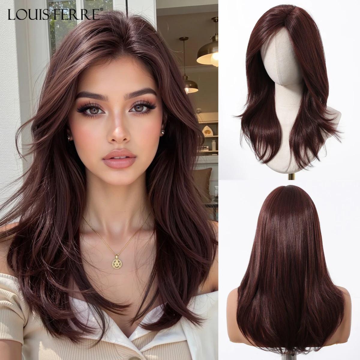 

Natural Layered Wigs Red Brown Synthetic Fake Hair For Women Daily Party Use Heat Resistant Long Straight 13*5*1 Lace Front Wigs