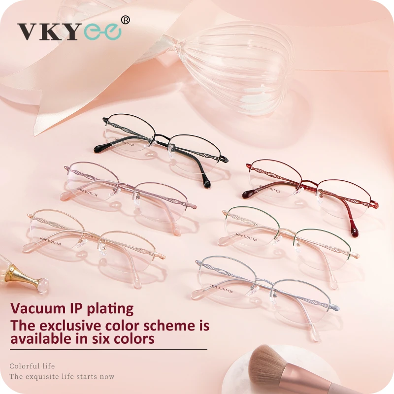 VICKY Lightweight Fashion Elegant Ladies Alloy Half Rim Eyeglasses Frames Tender Oval Anti-Blue Light women Customized 34579