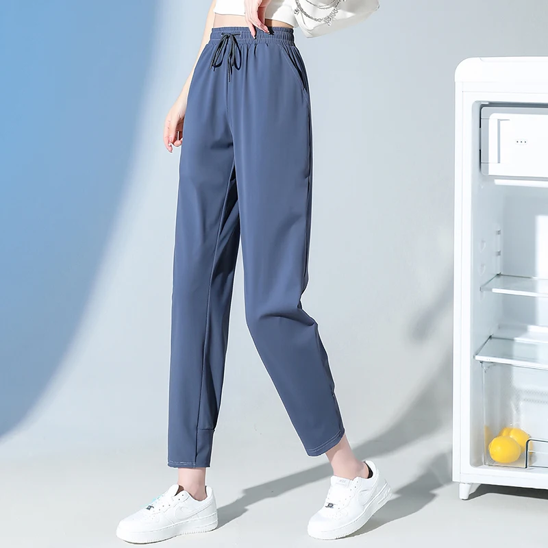 

New Women'S Summer Quick Drying Ice Silk Casual Pants Lightweight Breathable High Waisted Loose Fit Sports 9-Point Trousers
