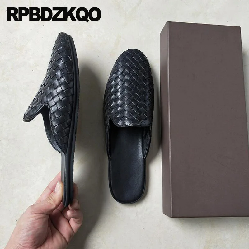 Designer Shoes Men High Quality Big Size Black Woven Slides Closed Toe Large Slippers Summer Genuine Leather 45 Italian Sandals