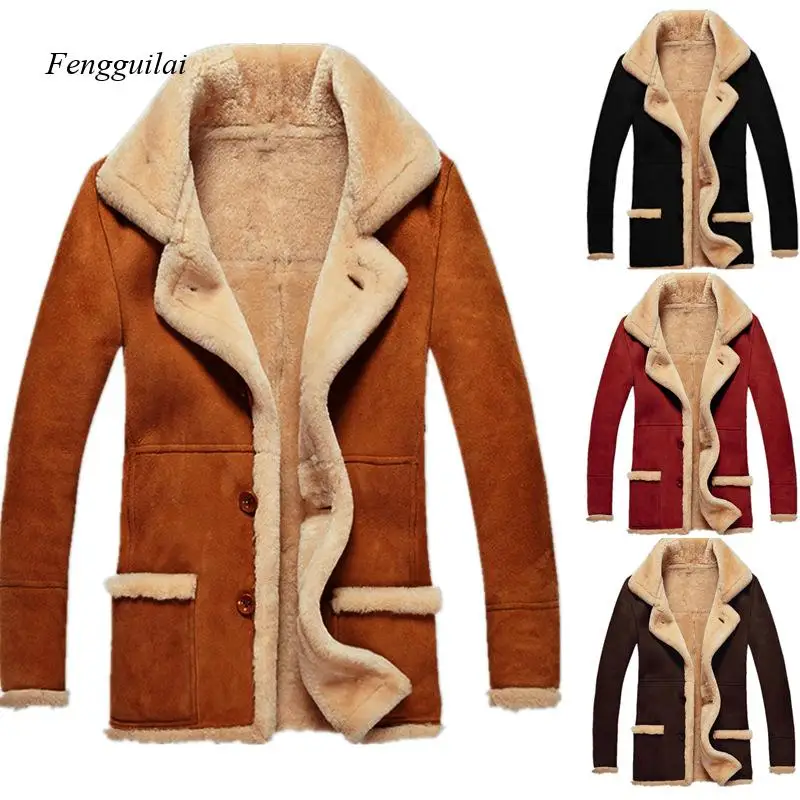 Vintage Style Men's Faux Suede Jacket with Plush Fleece Lining - Mid-Length Winter Overcoat for Cold Weather