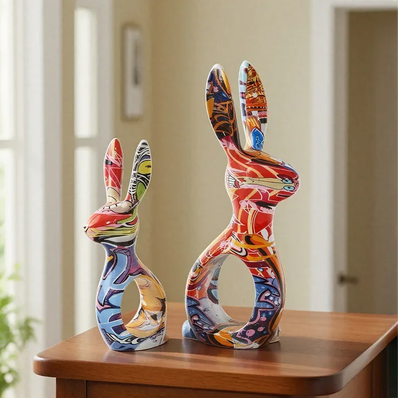 Creative modern graffiti rabbit water transfer resin handicrafts living room entrance desktop decoration soft decoration ornamen