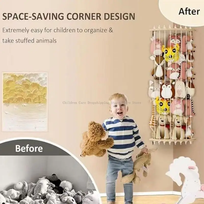 زاوية معلقة لعبة قطيفة قفص تخزين أصحاب الحيوانات المحشوة الخشبية لغرفة الأطفال