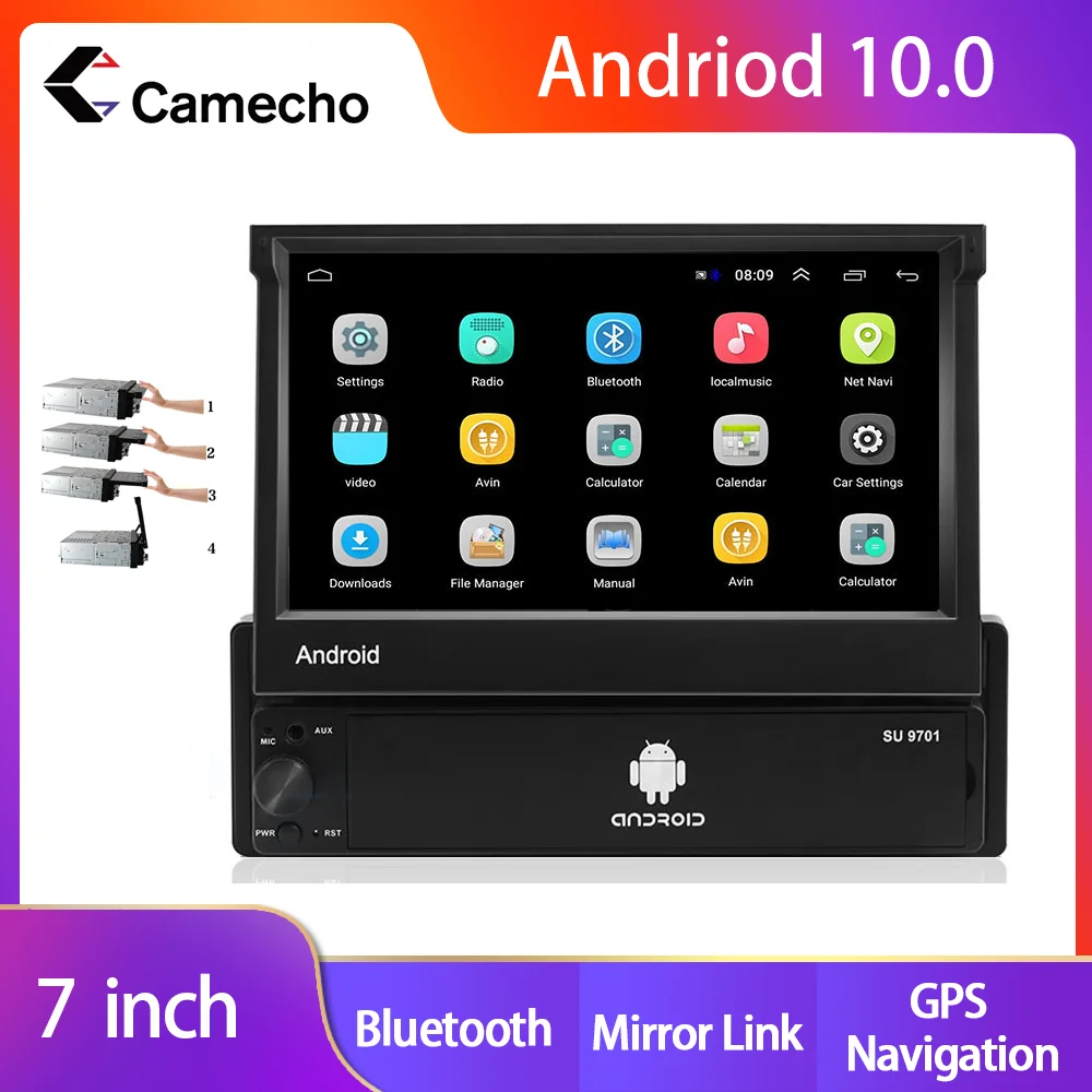 Camecho Android 10 Car Multimedia player Retractable GPS Wifi Autoradio 1 Din 7'' Touch Screen MP5 Bluetooth Stereo Audio Radio