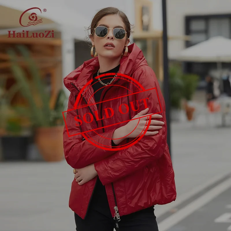 HaiLuoZi New 2022 Spring Fashion Women Coat Short Slim Warm Autumn Jacket Classic Solid Color Bio Cotton Zipper Hood Parkas 7051