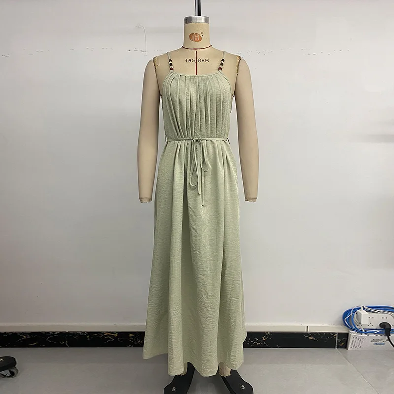 Benuynffy จีบด้านหน้า Belted Cami ชุดผู้หญิงฤดูร้อน 2025 วันหยุดแขนกุดหลวม Elegant Big Swig ชุดยาว