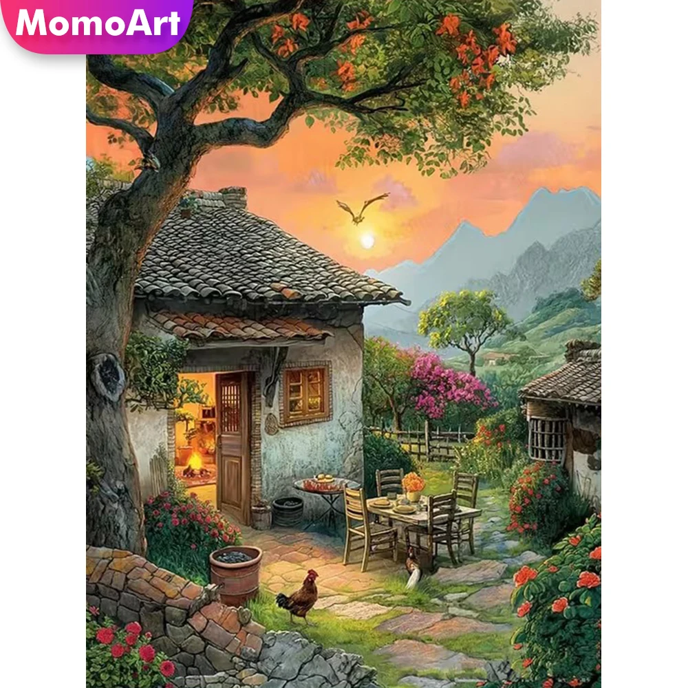 Momoart Vollquadratische und runde Diamant-Stickerei: Haus- und Landschaftsmosaik-Bild, Strass-DIY-Diamantmalerei, Dorf-Handarbeit
