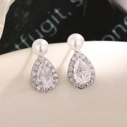 

Real 925 Sterling Silver Zircon Pearl Water Drop Stud Earrings for Women Minimalist Classic Fine Jewelry Accessories