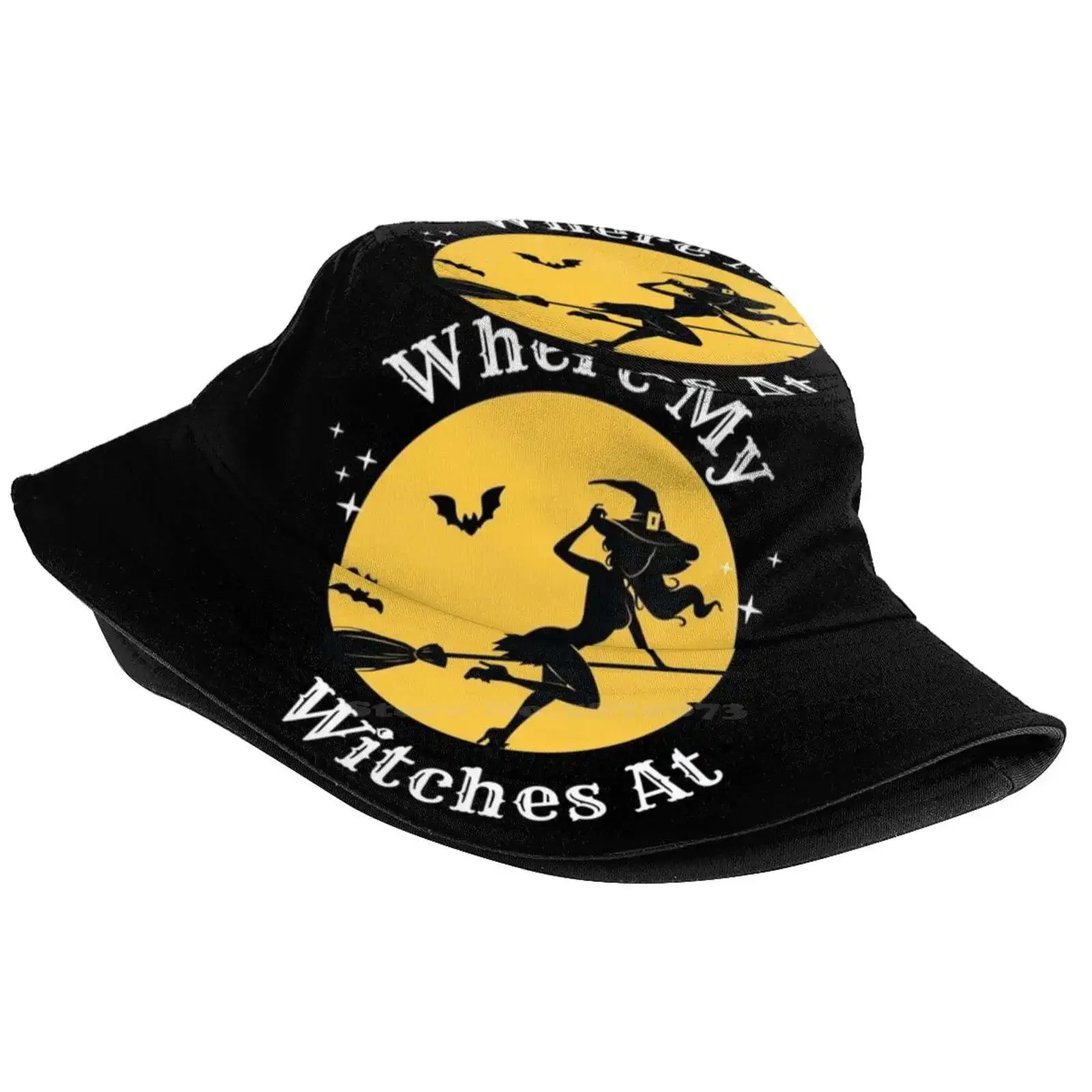 Where My Witches At Korean Ladies Outdoor Sun Hat Bucket Cap Witches Bats Stars Broom Hat Halloween Spooky Scary Holiday Fall