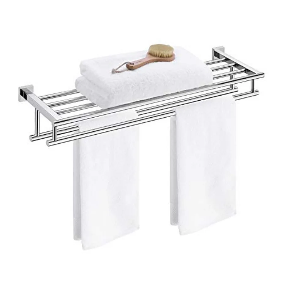

Large Towel Rack Towel Shelf with Two Bar 29.37Inch Stainless Steel Shower Organizer Modern Square Style Wall Mount Polished Fi