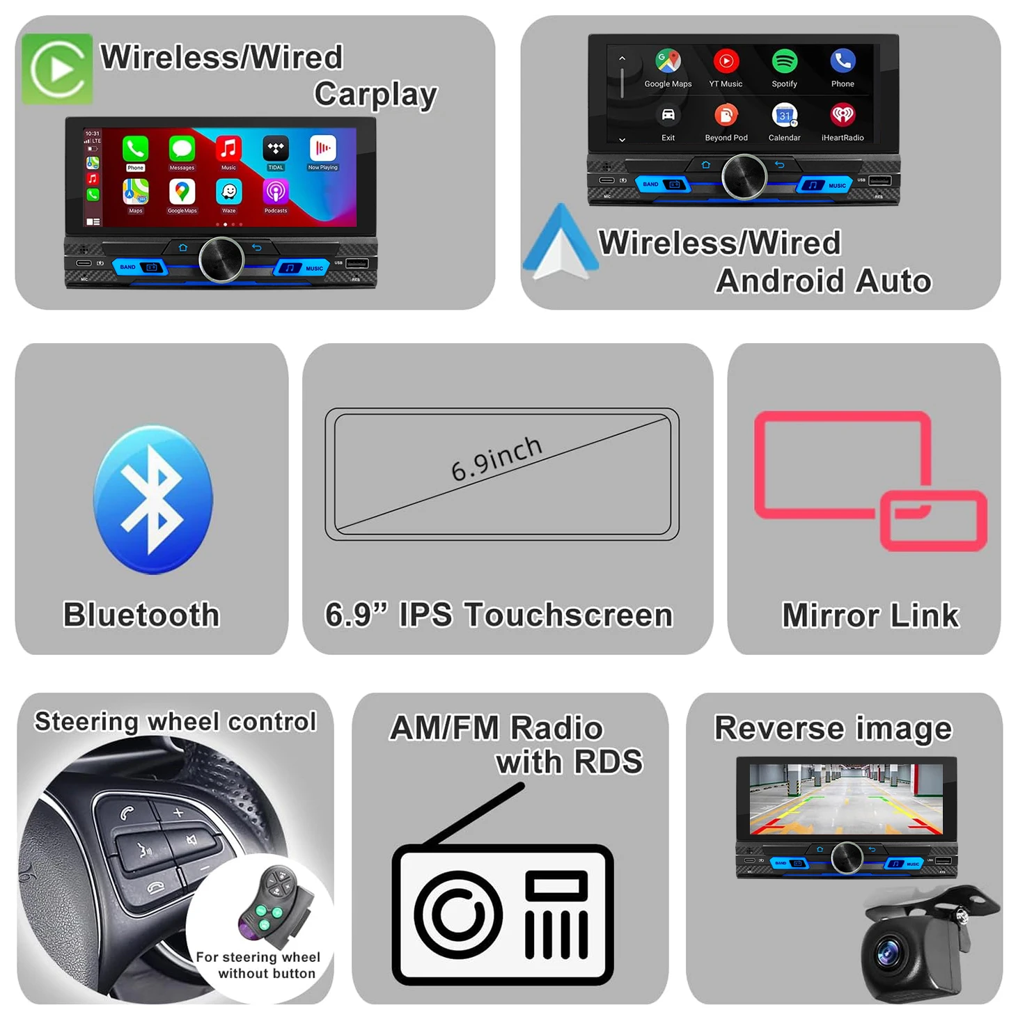 IPS 6.9'' Universal 1 Din Car Stereo Radio Wireless Carplay Android Auto Car Multimedia Autoradio TYPE C Fast Charger For iPhone