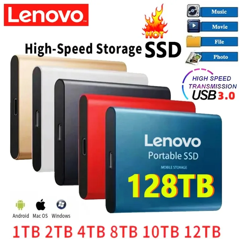 Lenovo-Disco Rígido Externo de Alta Velocidade, Discos de Armazenamento Portáteis para Laptops, Telefone, PC, Tipo-C USB 3.0, 1TB SSD, 2TB, Novo