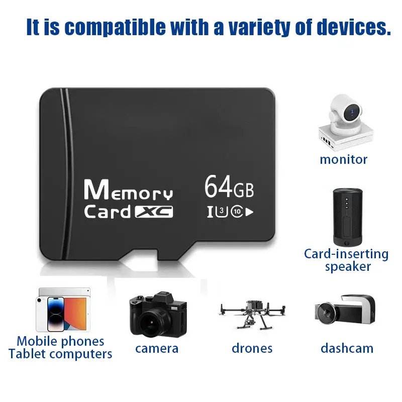 64GB and 128GB TF memory cards are included, along with a card reader, suitable for various electronic devices.