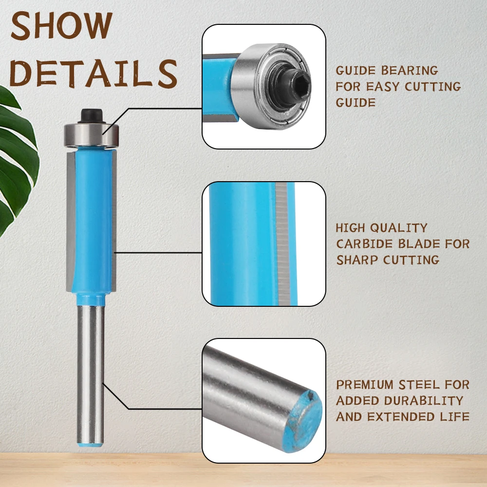 Trimming Router Bit Set 1/4\'\' Shank with Bearing Tungsten Carbide Milling Cutter Bit 6mm Shank for Wood Cutter Milling Tools