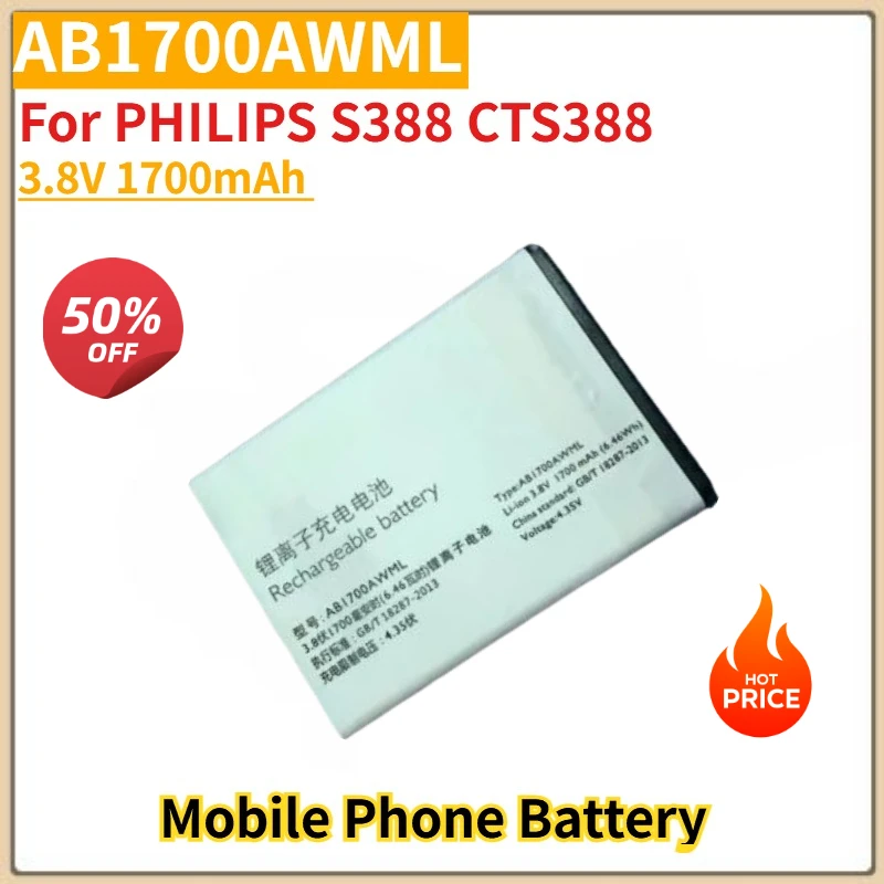 

High Quality AB1700AWML Mobile Phone Battery 3.8V 1700mAh For PHILIPS S388 CTS388 Brand New Replacement Battery