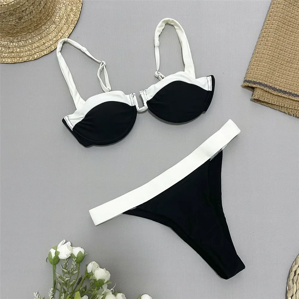 Black White Contrast Swimwear Push Up Bikini Set Sexy Swimsuit Women High Cut Bathing Suit Underwired Bikinis 2025 Mujer Bather