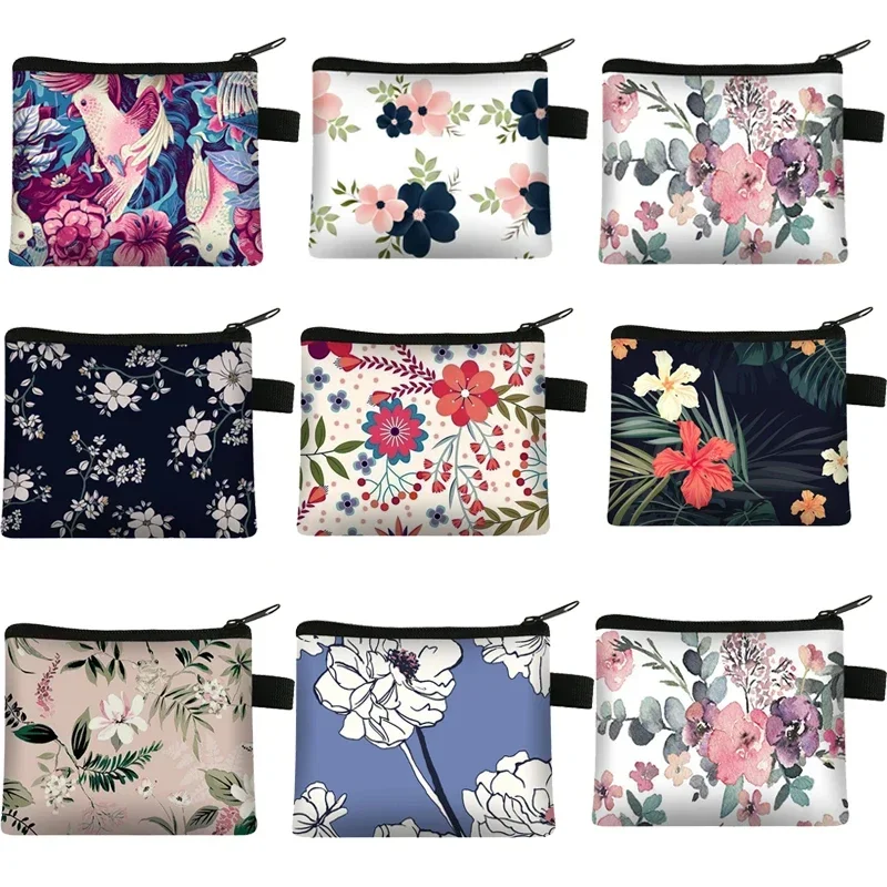 Floral Plaid Print Zipper Cosmetic Bag Storage Pouch Women Kids Canvas Coin Purse Small Wallet Key Card Holder Mini Money Bag