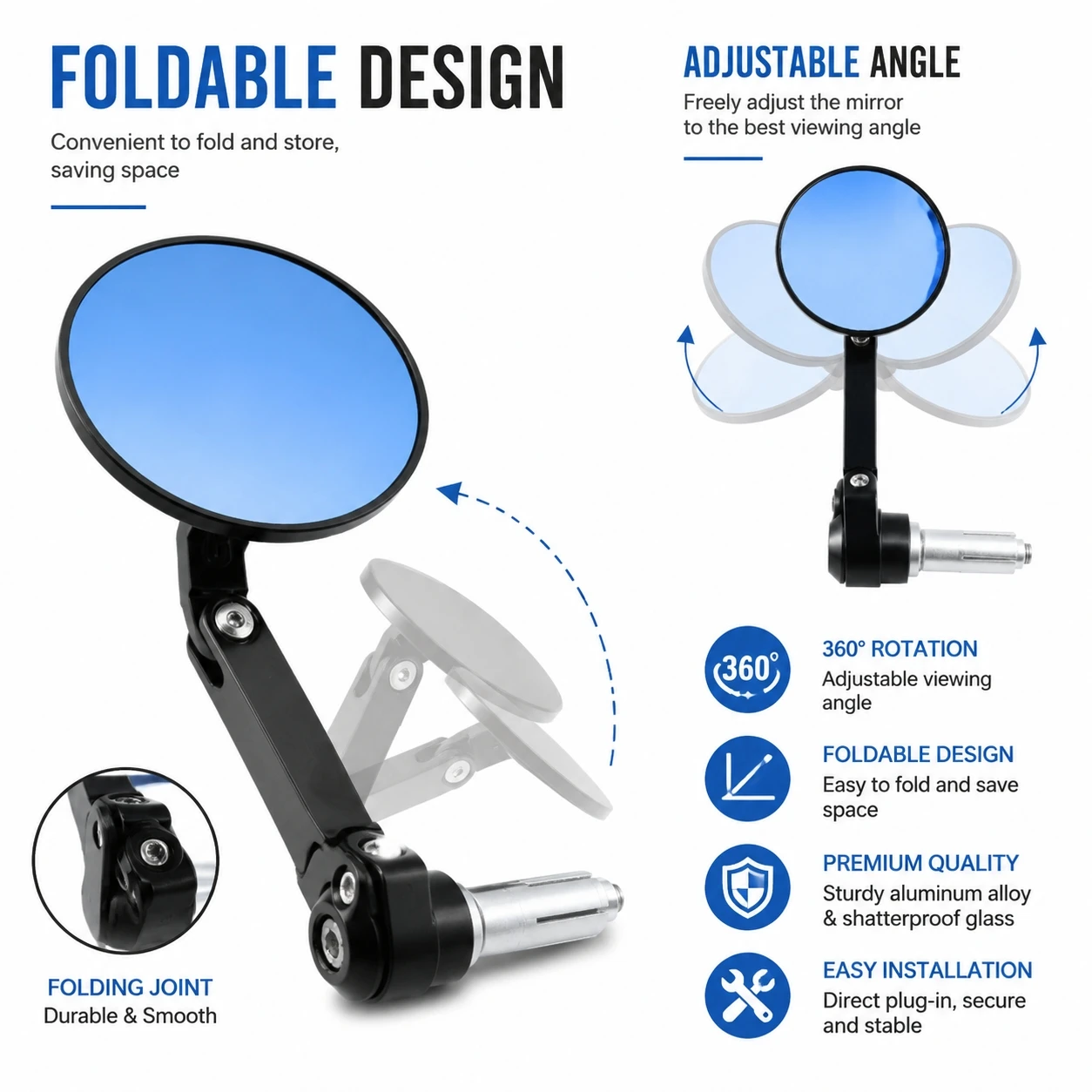 CNC Foldable Round Bar End Rearview Mirrors 22mm Handlebar Side Mirror Anti-Glare Blue Glass Universal Motorcycle Retro Modified