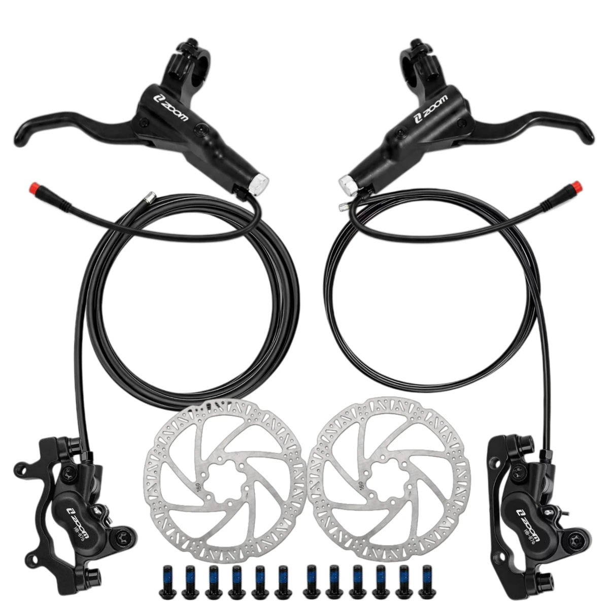 ZOOM HB-876E 4-Piston Hydraulic Disc Brake Set for E-Bike & MTB Front 1100/Rear1850mm Hoses, Magnetic Induction Power-Off,