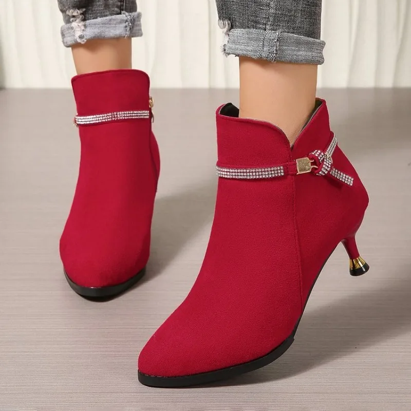 Damen High Heels Schuhe Elegante Wildleder Spitzpumps Stilettos Elegante Kurze Stiefel Mode Luxus Kristall für Frauen Herbst – Detail 7
