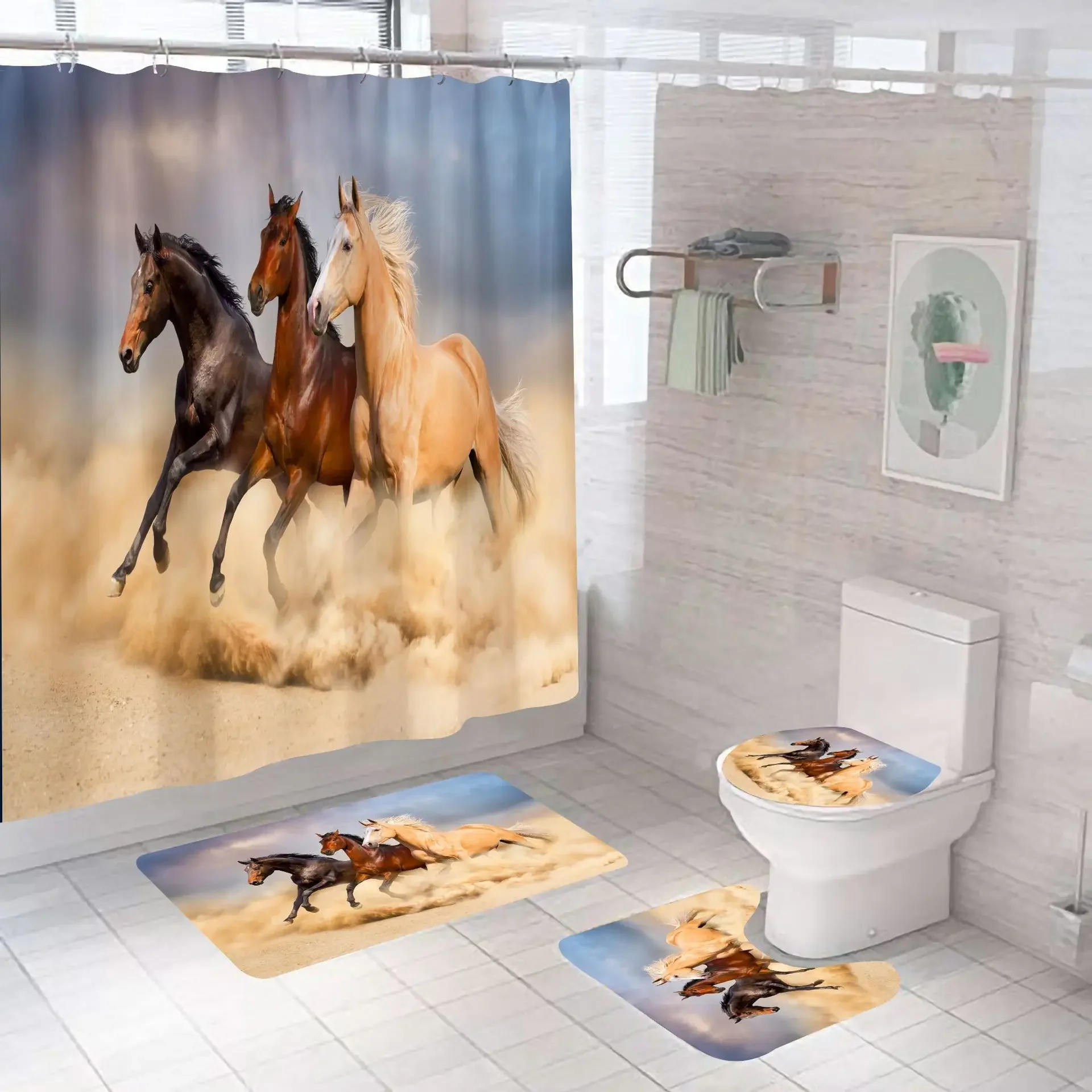 Imagem -02 - Waterproof Polyester Fabric Bathroom Grupo Cortinas de Chuveiro Cavalo Leão Ganchos Mat Gato Animais Decoração de Banho 3d