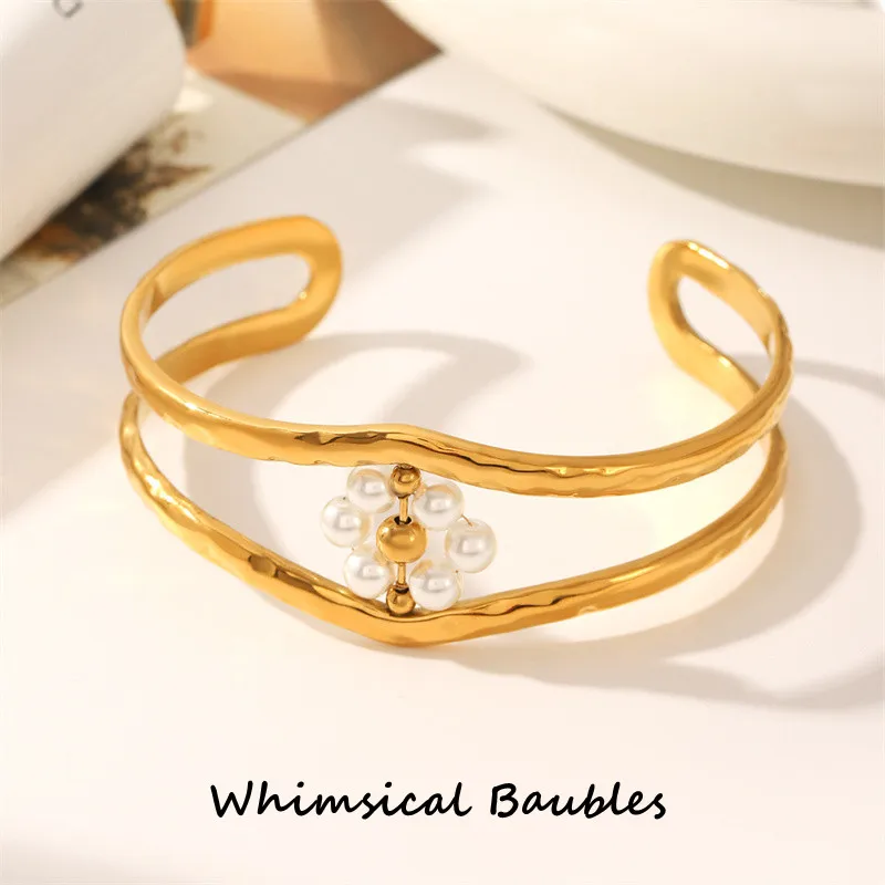 

Elegant Double Layer Faux Pearl Bangle 18K Stainless Steel Real Gold Plated Flower Design Fashionable Double Wrist Accessory