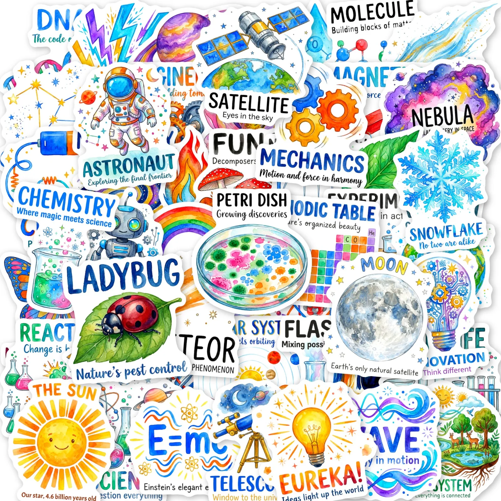 

50Pcs Watercolor Science Stickers, Educational STEM Decals for Journal Scrapbook, Chemistry Biology Physics Space Graffiti